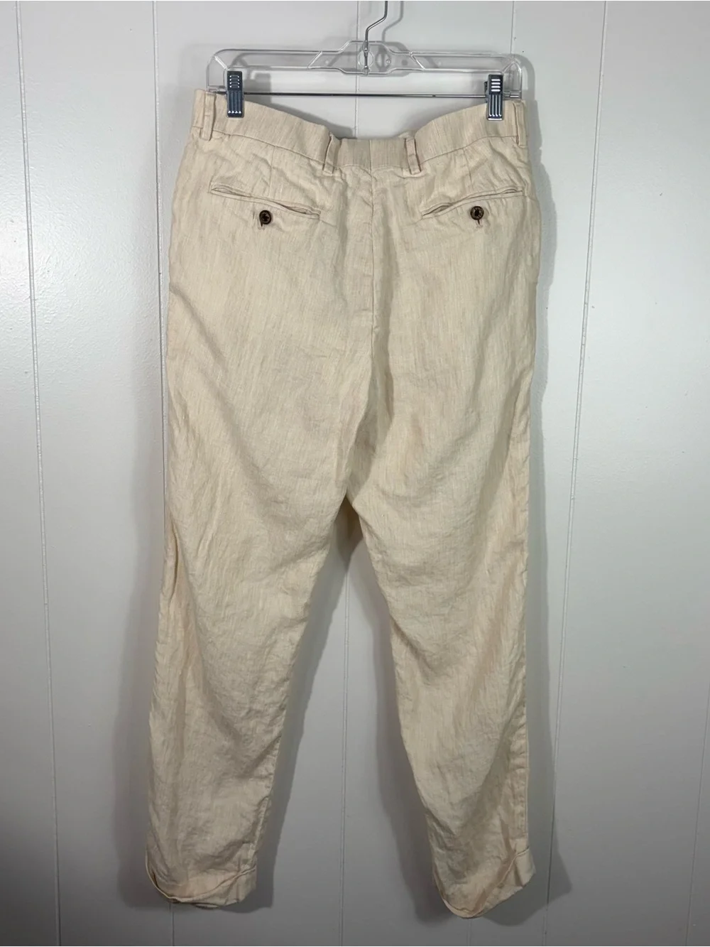 Baird McNutt Merino Alex Fit 100% Linen Beige Tan Rolled Hem Dress Pants 32x30